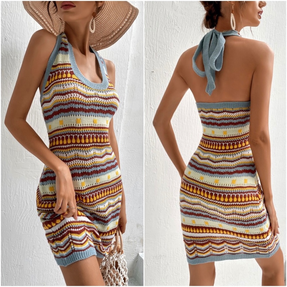 Boho Striped Color Block Knit Halter Fitted Dress - Picture 3 of 5